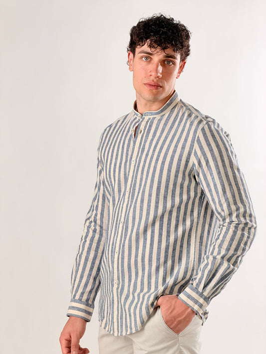 Camisa de lino de rayas medias cuello coreano