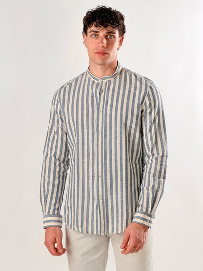 Camisa de lino de rayas medias cuello coreano