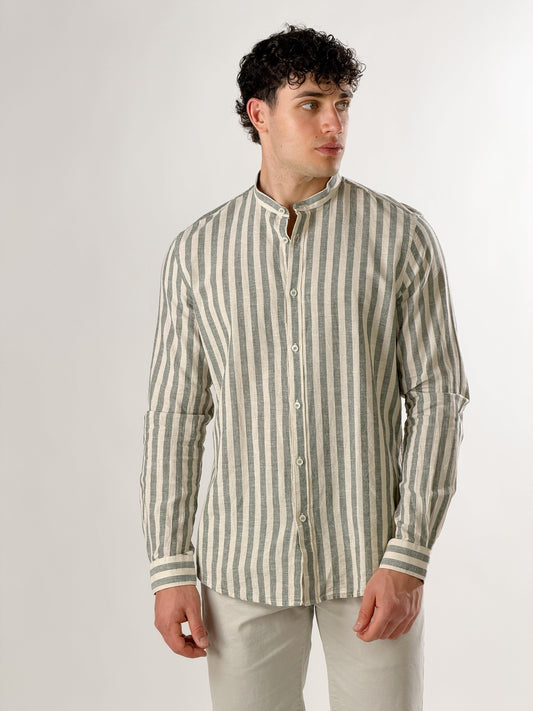 Camisa de lino de rayas medias cuello coreano