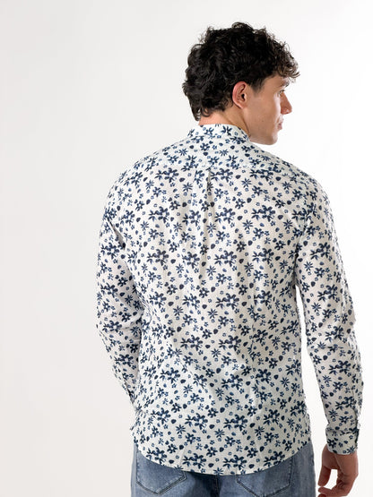 Camisa cuello coreano flor azul