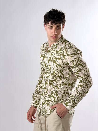 Camisa cuello coreano estampado verde oliva