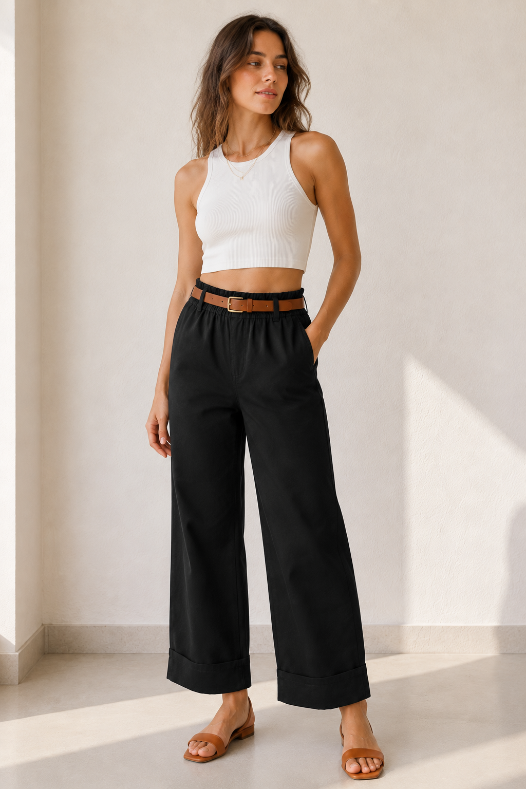 Pantalón con cinturón y bolsillos de ribete